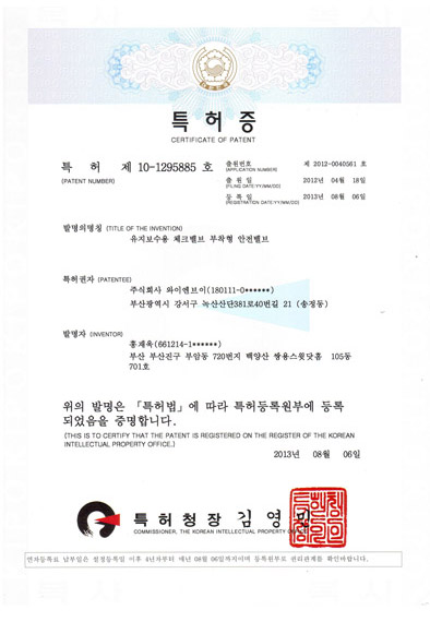 안전 밸브 특허증